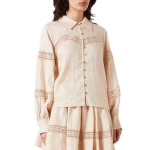 Keepsake Tan Linen Lace Button-Up Blouse XS | Feminine Resort Neutral Top